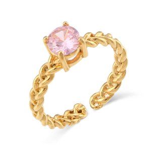 Pink Cubic Zirconia Woven Chain Adjustable Ring 18K Gold‎ Plated Stainles…